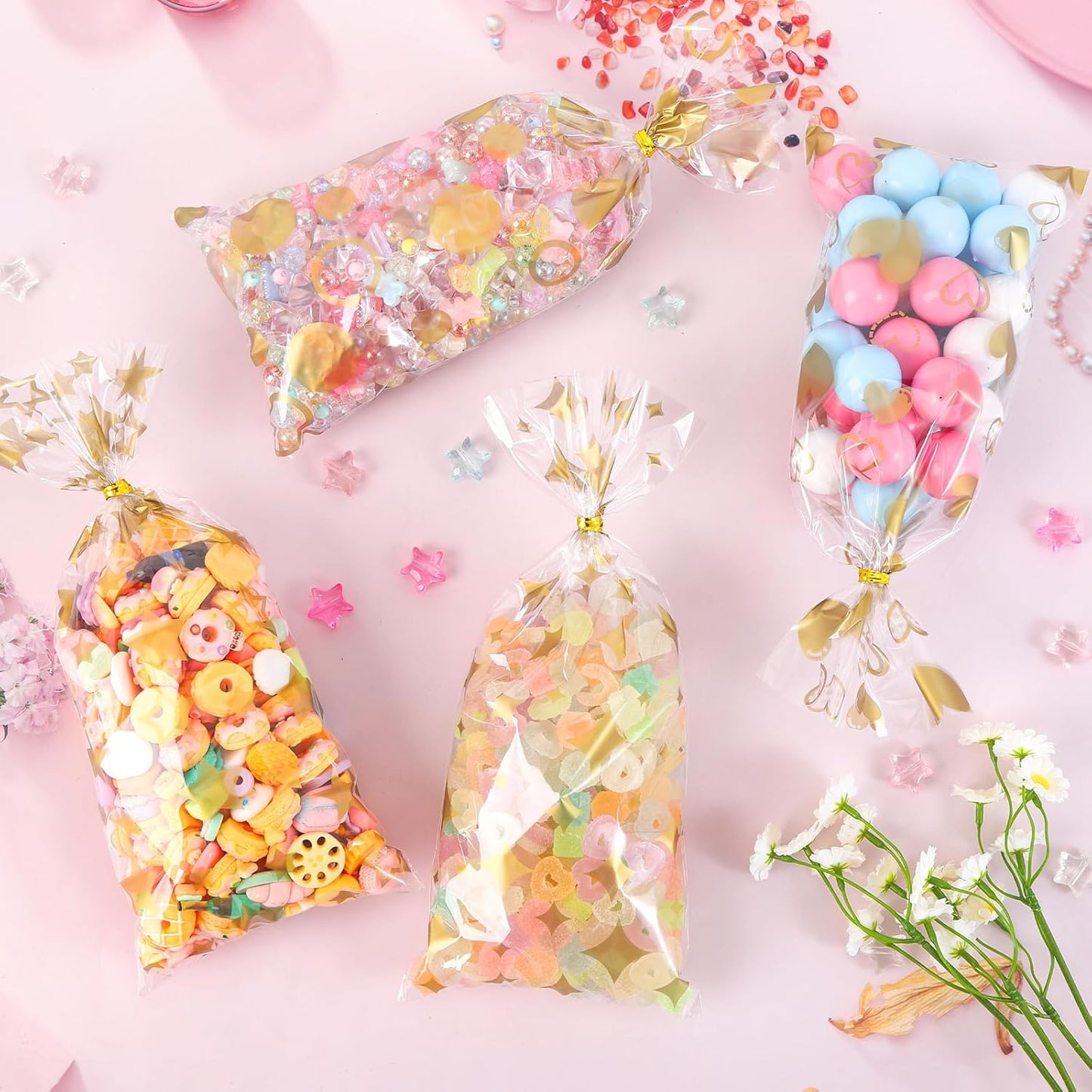 100 Pcs Star Printed 5"X 7" Gift Wrap Cello Cellophane Treat Bags Party Favor bags Clear Candy Cookie Bag Plastic Poly Goodie Storage Bag with Twist Ties for Bakery,Birthday, Wedding ,Party Decorations (Gold)