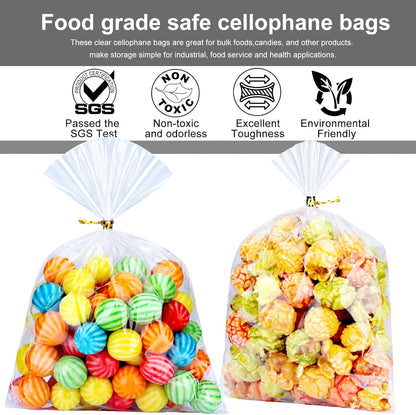 Clear Candy Bags 100pcs 6X10 Cellophane Treat Bag Party Favor Goodie Cake Pop Gift Apple Cello for Gift Baskets Bakery Cookie with Ties