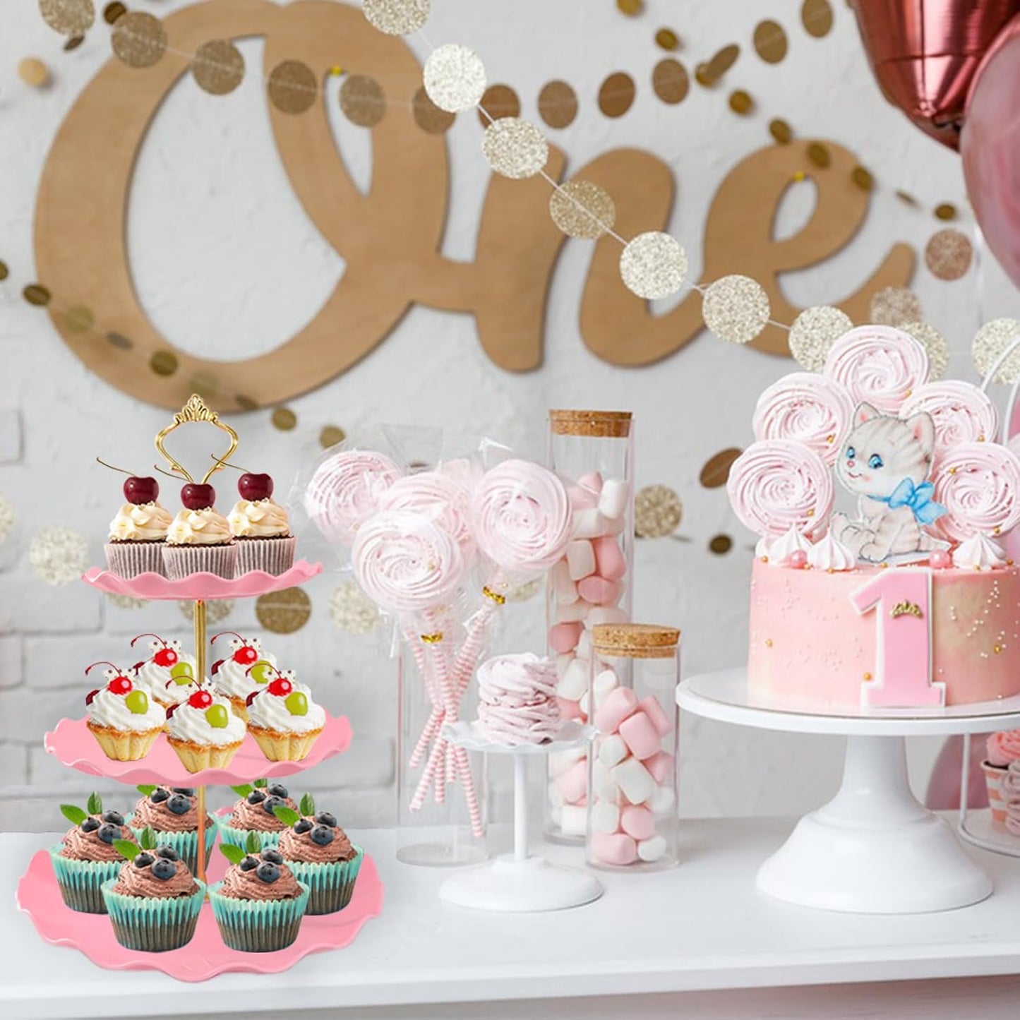 5 Pcs Dessert Table Display Set, White Plastic 2 Pcs Round 3 Tier Cupcake Stand Cup Cake Tower Stand with Metal Rod & 3 Pcs Serving Tray for Baby Shower, Tea Party, Wedding, Birthday Party
