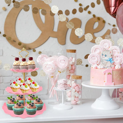 5 Pcs Dessert Table Display Set, White Plastic 2 Pcs Round 3 Tier Cupcake Stand Cup Cake Tower Stand with Metal Rod & 3 Pcs Serving Tray for Baby Shower, Tea Party, Wedding, Birthday Party