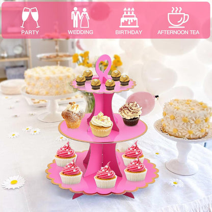 Soleebee 3-Tier Cupcake Stand, Cardboard Cupcake Tower, Cup Cake Stand Tower for Birthday Wedding Party Decoration, Cupcake Tier Stand Desserts Display 1 Set (Purple Gold)