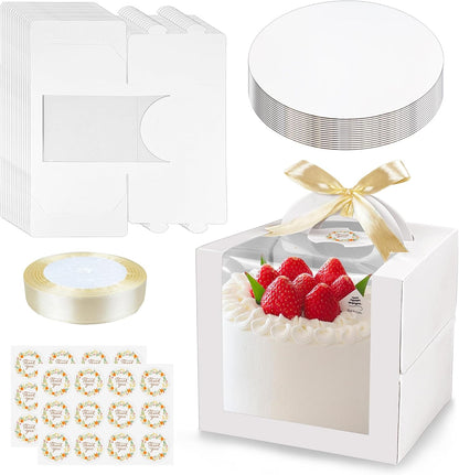 15PCS Brown 6x6x6 Inch Cake Boxes with Window Handle Boxes 6 Inch with Cake Boards for Gift Giving Elegant Paper with Ribbon Stickers for Weddings Birthdays Holidays Corporate Event Party Favors