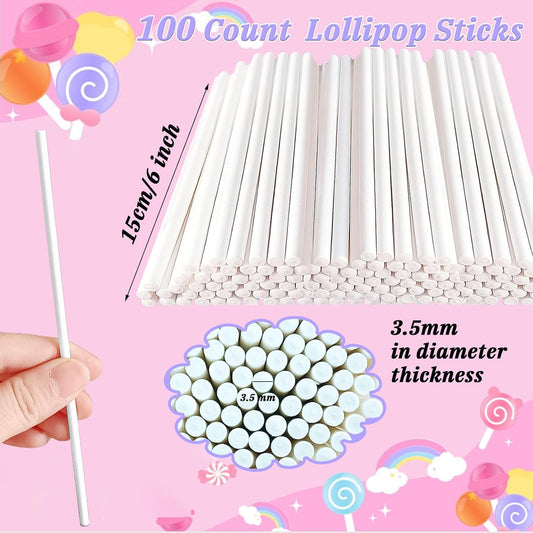 100 Count 6 Inch White Lollipop Sticks,Paper Cake Pop Stick,Sucker Treat Sticks for Chocolate Cookies Donut Packaging Wedding Party Cupcake Toppers Supplies 3.5mm
