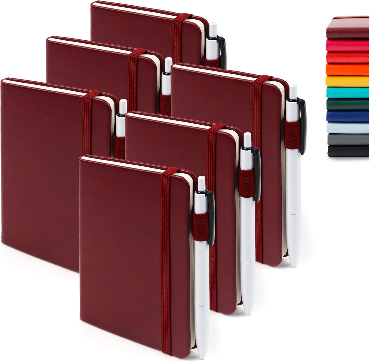 feela 6 Pack Pocket Small Notebooks Bulk, Mini Cute Memo Notepads Hardcover College Ruled Lined Journals with Pen Holder for Women Girls Office School, with 6 Black Pens, 3.5”x 5.5”, A6, Rose Pink