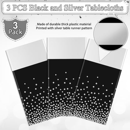 MASHAN 3Pcs Black and Red Tablecloth Party Decorations,Plastic Black Table Cloth Printed Red Table Runner Disposable Rectangle Cover for Birthday Weeding Anniversary Graduation Party,54 x108 Inch
