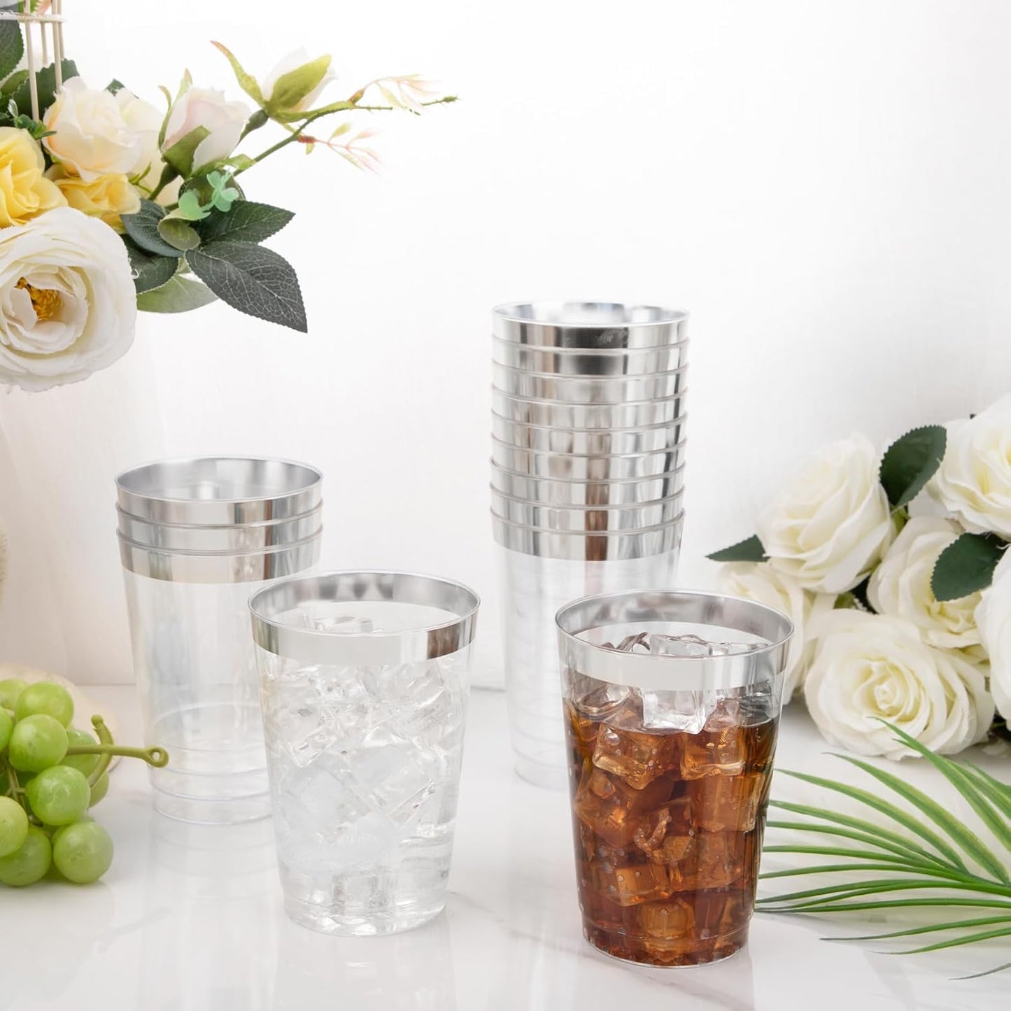 I00000 100 Pack 12 oz Gold Plastic Cups, Gold Rimmed Disposable Cups, Disposable Wine Glasses Cocktail Glasses Premium Cup with Golden Rim, 12 Ounce Plastic Tumblers for Party & Wedding