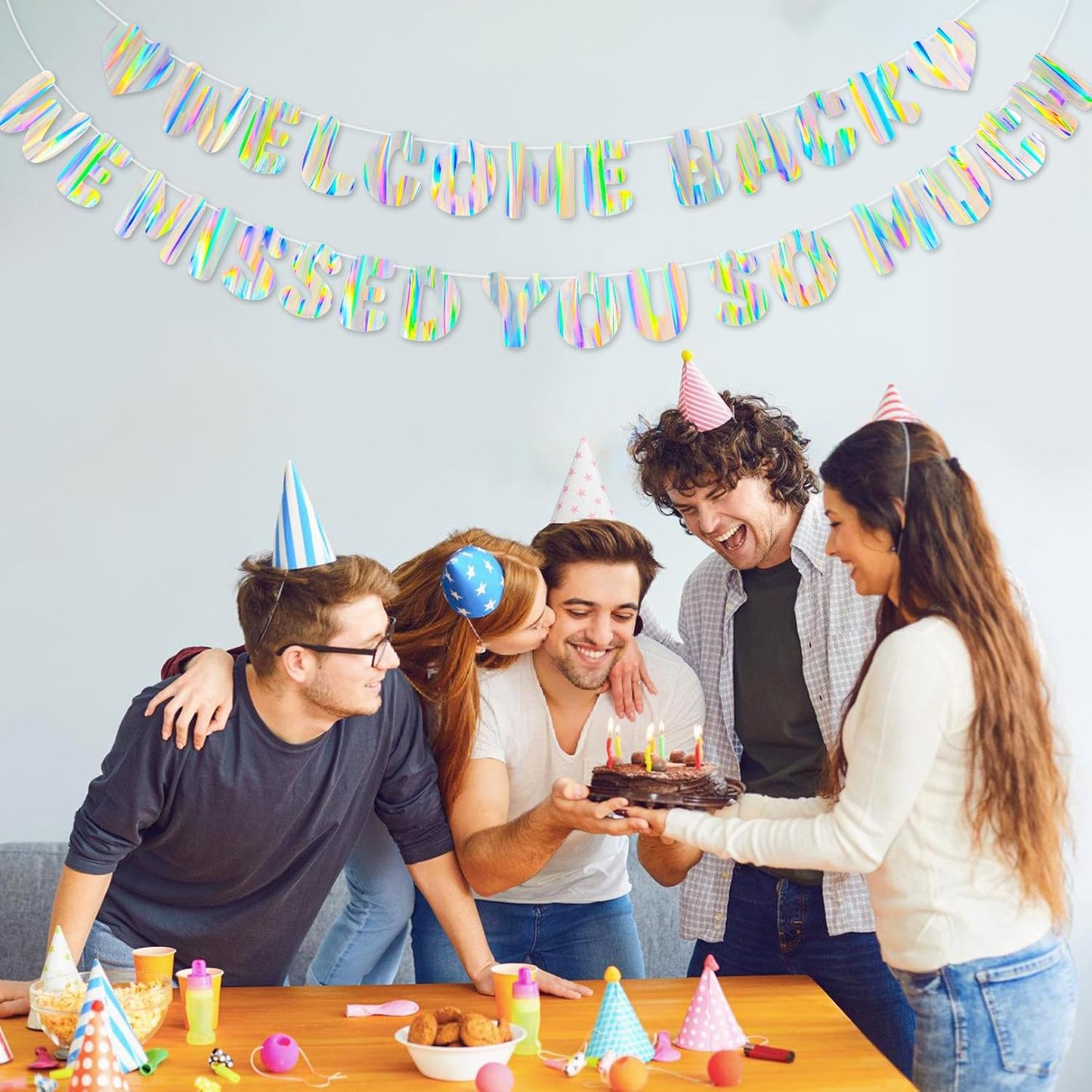 Iridescent Welcome Back We Missed You So Much Banner, Holographic Welcome Back Decorations, Pre-Strung Welcome Home sign for Office Party, Family Gathering, Back to School, Military Homecoming