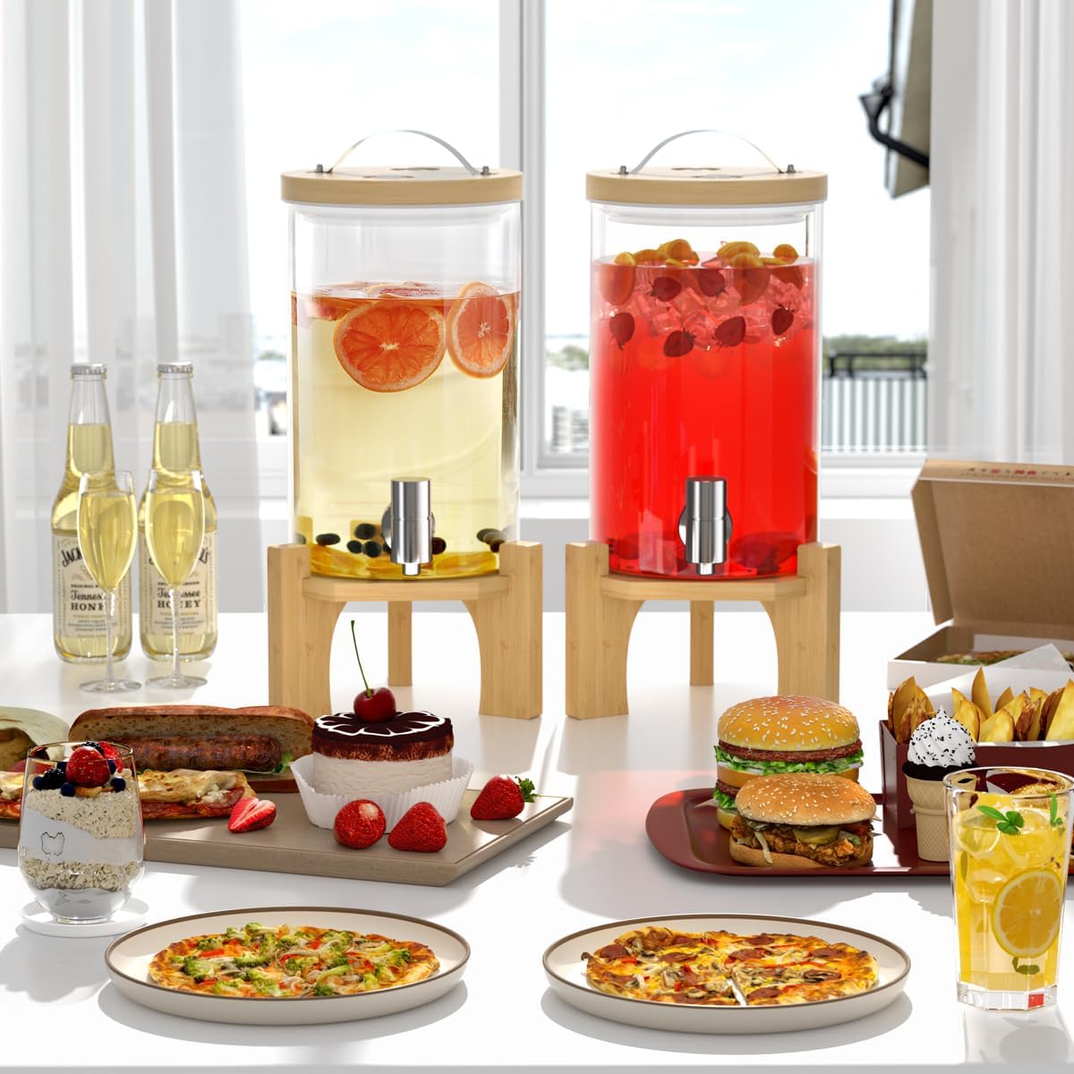 1 Gallon Glass Drink Dispenser For Parties, Beverage Dispenser With Bamboo Wood Stand And Stainless Steel Spigot, Countertop Water Dispenser, Lemonade Dispenser For Wedding, Picnic (2PACK)