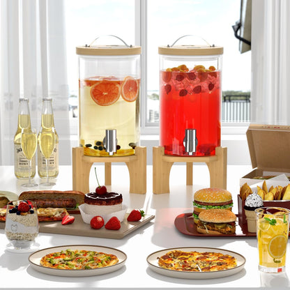 1 Gallon Glass Drink Dispenser For Parties, Beverage Dispenser With Bamboo Wood Stand And Stainless Steel Spigot, Countertop Water Dispenser, Lemonade Dispenser For Wedding, Picnic (2PACK)