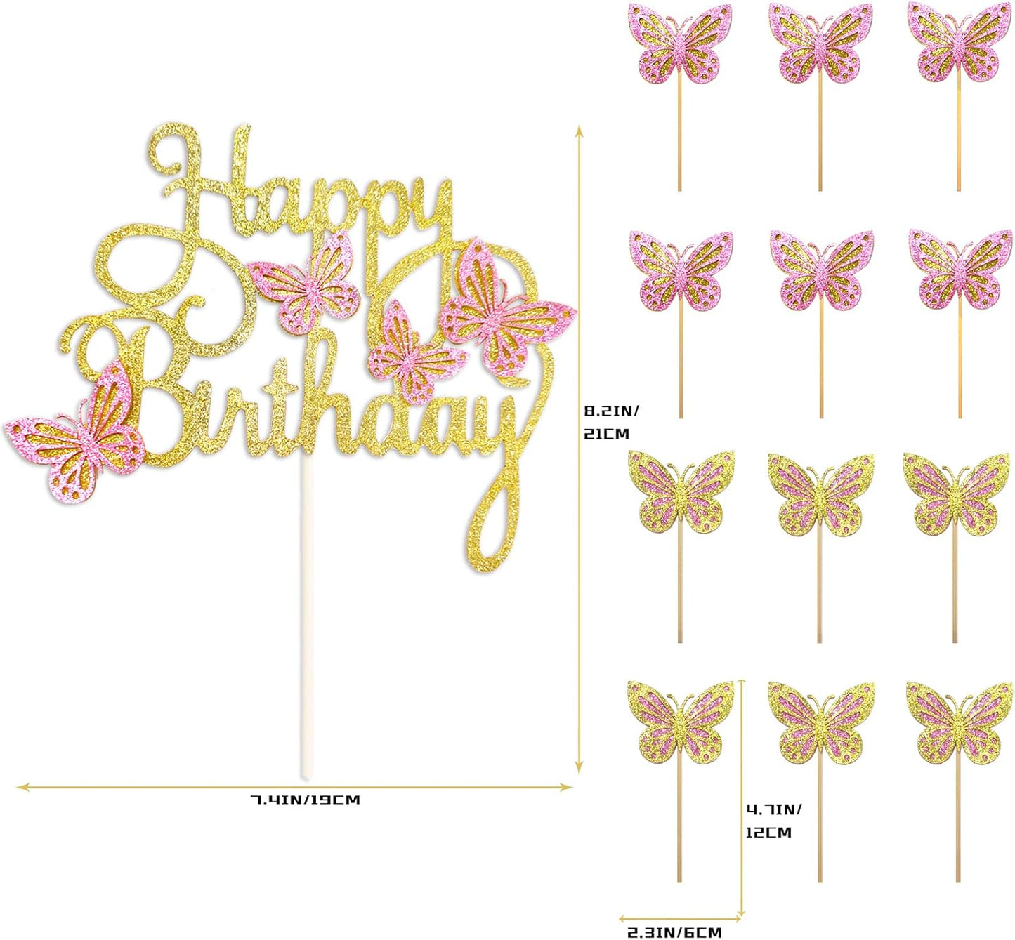 13-Pieces 3D Butterfly Cupcake Topper for Girls Women's Happy Birthday Cake Decorations Party Decorations(Pink)