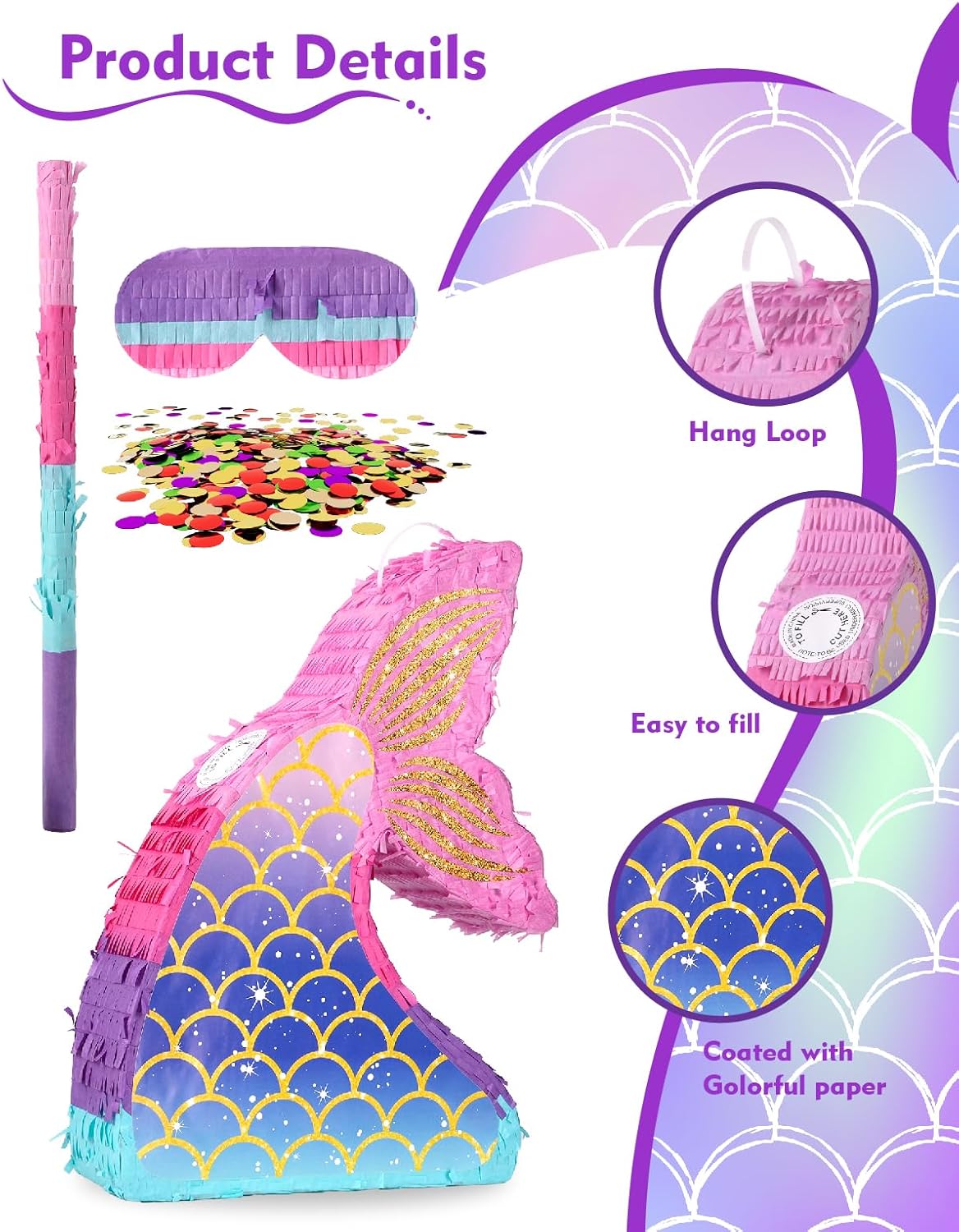 Unicorn Piñata for Birthday Party Girl, Princess Party Piñata with Wood Stick, Blindfold & Confetti, Rainbow Unicorn Birthday Decoration (15.6"x12.6"x3.1")