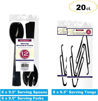 Party Essentials Plastic Party Buffet Serving Utensils Kit, Spoons/Forks/Tongs, 20-Piece, Clear
