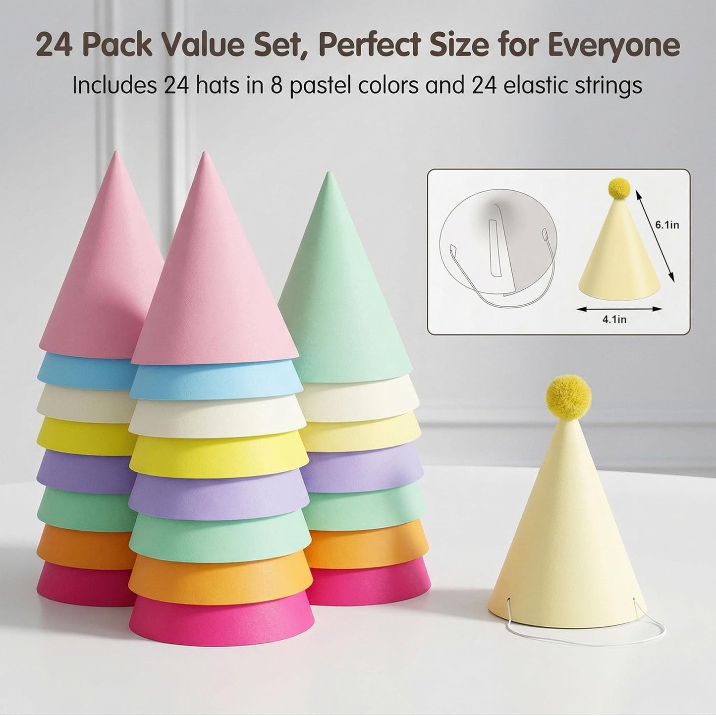 24 Pack Birthday Party Hats,8 Colors Cone Party Hat for Kids Adults Pets