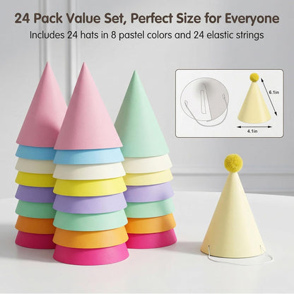 24 Pack Birthday Party Hats,8 Colors Cone Party Hat for Kids Adults Pets