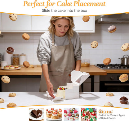 COTOPHER 50 Pcs Cake Boxes 8 Inch, 8x8x5 Inches Cake Containers (25 Boxes & 25 Boards), White Bakery Boxes with Windown for Cookies, Desserts, Cupcake, Pastries, Birthday, Wedding, Mother's Day