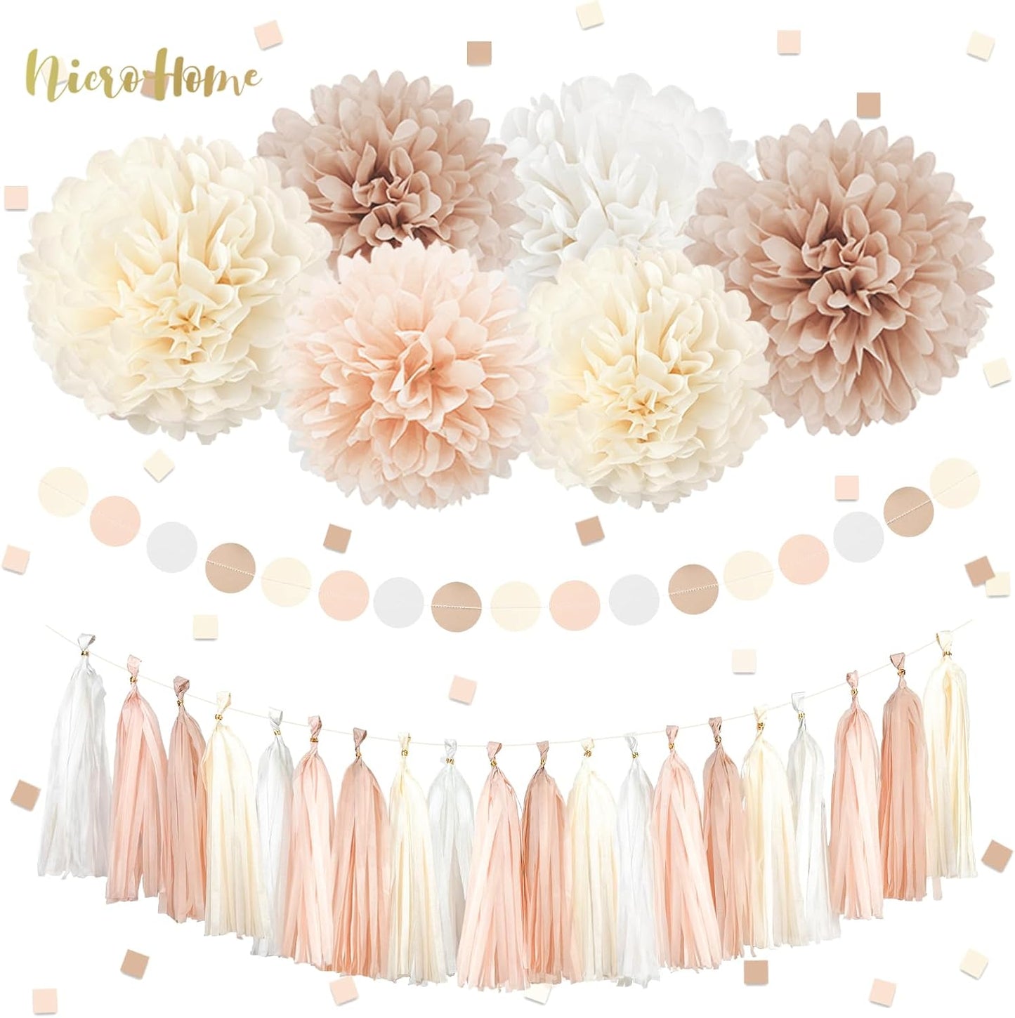 NICROHOME EUR Boho Wedding Decorations, 28PCS Rustic Neutral Creamy White Tissue Paper Pom Poms Tassel, Dots Paper Garland Decor Packages for Baby Shower Birthday Bridal Shower Party Table