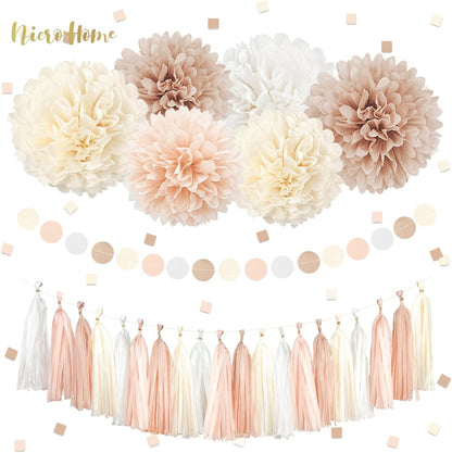 NICROHOME EUR Boho Wedding Decorations, 28PCS Rustic Neutral Creamy White Tissue Paper Pom Poms Tassel, Dots Paper Garland Decor Packages for Baby Shower Birthday Bridal Shower Party Table