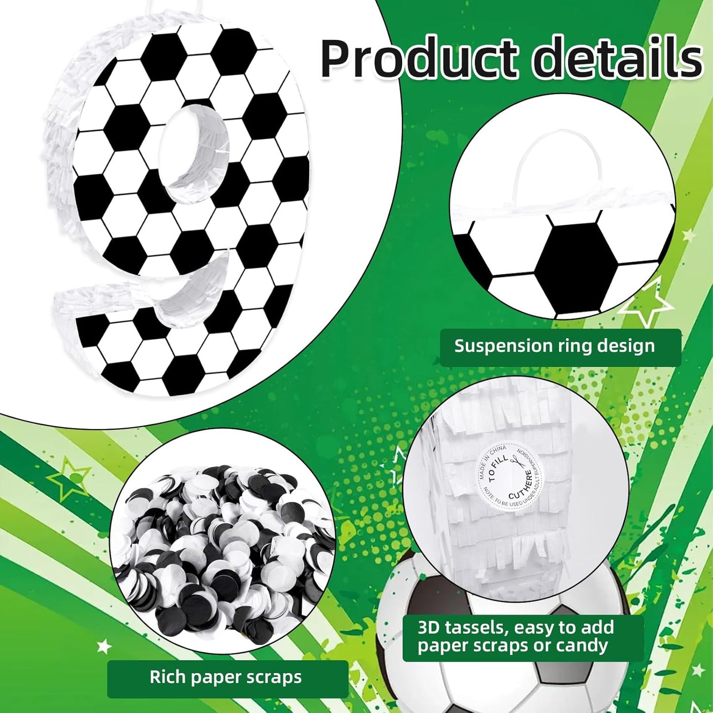 16Inch Soccer Ball Number 9 Piñata Includes Wooden Stick, Blindfold, and Confetti for for Kids 7th Anniversary Sport Themed Party Birthday Supplies