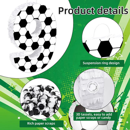 16Inch Soccer Ball Number 9 Piñata Includes Wooden Stick, Blindfold, and Confetti for for Kids 7th Anniversary Sport Themed Party Birthday Supplies