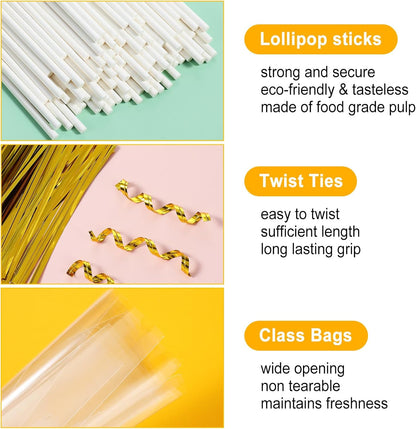 1500Pcs White Lollipop Sticks, 6IN Cake Pop Sticks with Clear Treat Bags & Gold Twist Ties for Candy Making Accessories