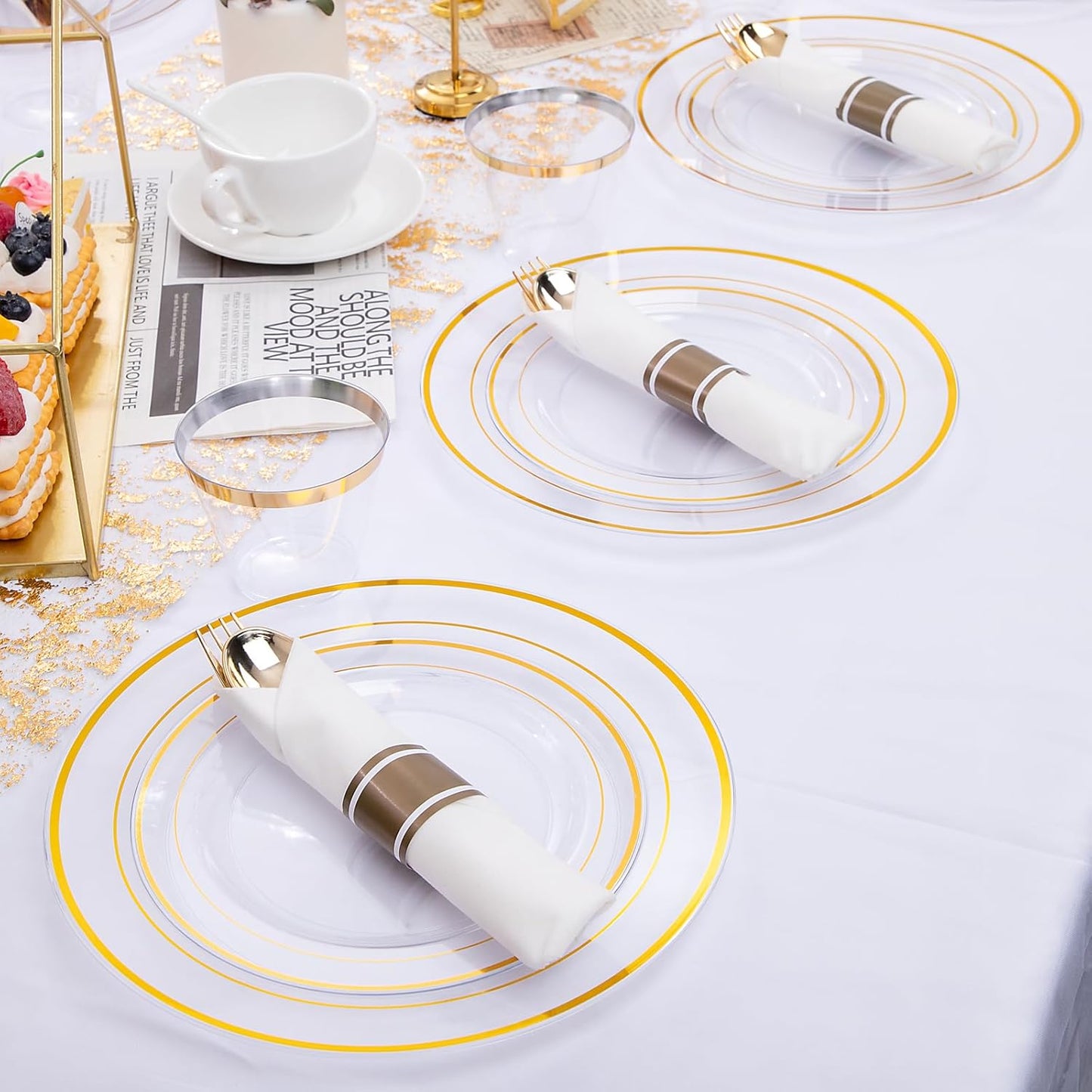 WELLIFE 350-Piece Gold Disposable Plates and Cutlery Set - Premium 10.25" Dinner Plates, 7.5" Dessert Plates, 9oz Cups & Cutlery for Weddings, Catering Events - 50 Guest Service - Elegant & Sturdy