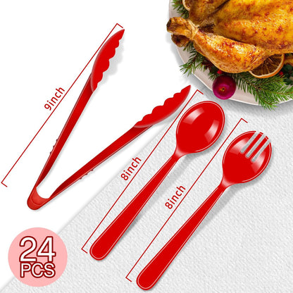 24 Pcs Black Plastic Serving Utensils Set - Heavy Duty Disposable Serving Spoons, Forks & Tongs (8 of Each) - BPA-Free Catering Supplies for Buffets, Parties, Weddings & Events (9 Inch)