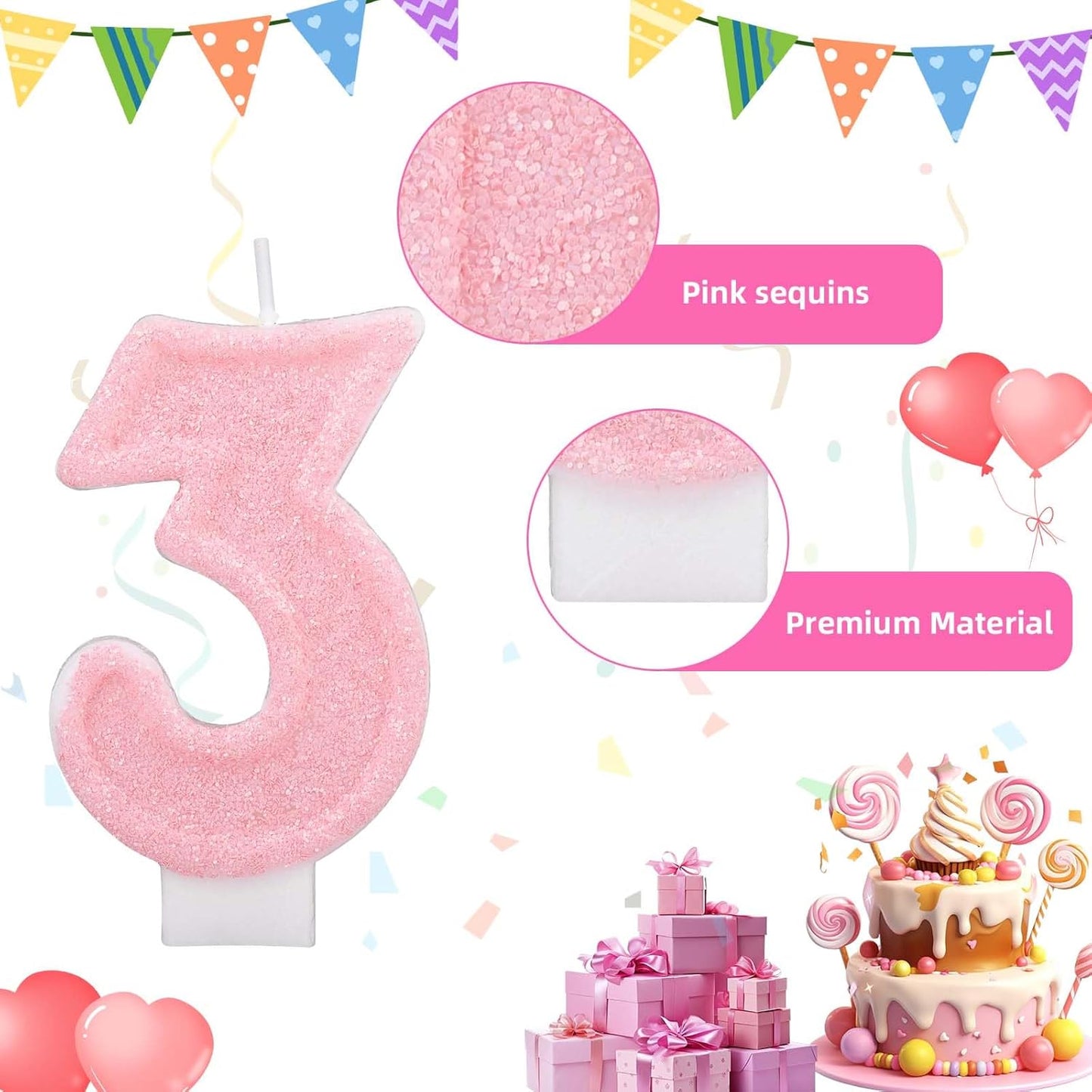 Pink Number One Birthday Candles, Romantic Cake Glitter Pink Number 1st Candles Anniversary Cake First Topper Decoration Cute Birthday Party Supplies for Wedding Anniversary Celebration Supplies (1)