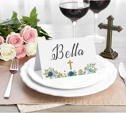24 Pcs Baptism Place Cards, Baptism Themed Buffet Food Labels and Tent Name Cards for Newborn Baby Shower Party Table Setting Decorations Supplies (White)