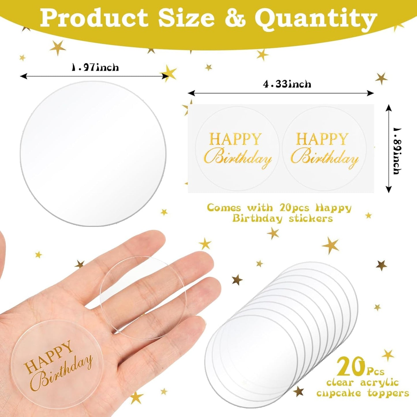 20pcs Gold Mirror Acrylic Happy Birthday Cupcake Toppers Round Engraved Cake Picks Happy Birthday Cake Toppers for DIY Birthday Gift Flower Bouquet Pastries Desserts Decor