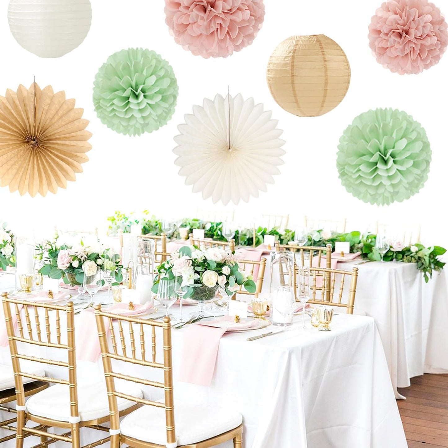 Champagne-Gold Beige Fall Baby-Shower Party-Decorations - 36pcs Welcome Home Banner Sign,Neutral Paper Lanterns,Girl Streamers Garland,Boho Hanging Tissue Pom Poms Flowers Fans Backdrop Decor Burgleda
