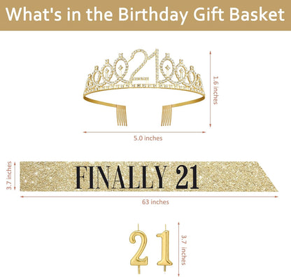 21st Birthday Decorations for Her with 21st Birthday Sash and Crown, Candles Gold, Gifts for 21 Year Old Girls