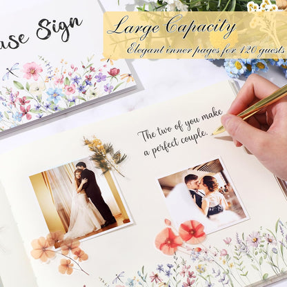 Ctosree Wedding Guest Book with Pens Wildflowers Embroidered Fabric Photo Album, Hard Cover Guest Book Wedding Reception for Baby Shower, Party, Bridal Shower(Colorful,8.3 * 6 Inch)