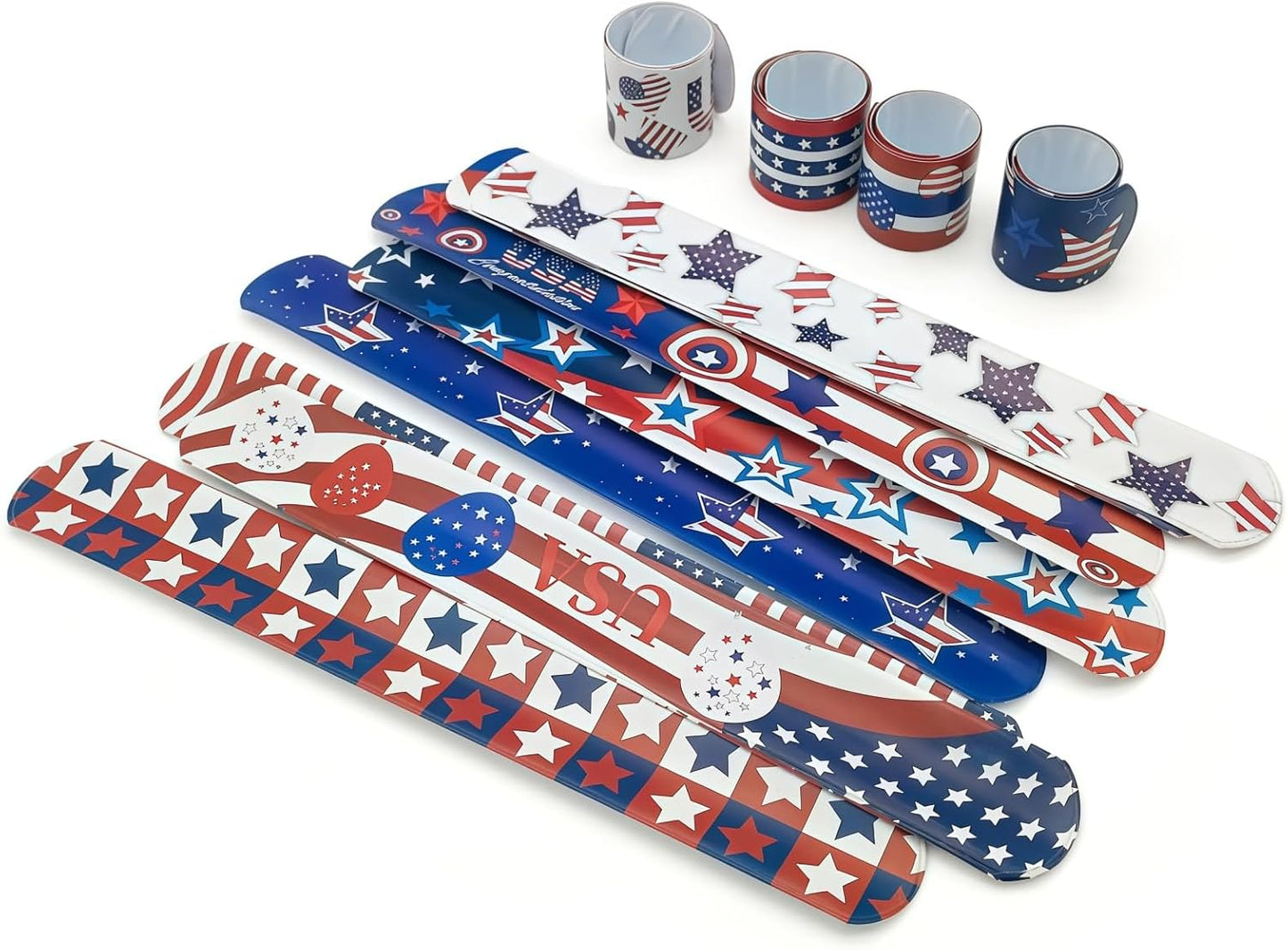 48 Pcs 4th of July Slap Bracelets Party Favors Patriotic Snap Bracelet Bulk Red White Blue American Flag Independence Day Party Supplies Exchanging Gifts Classroom Prizes
