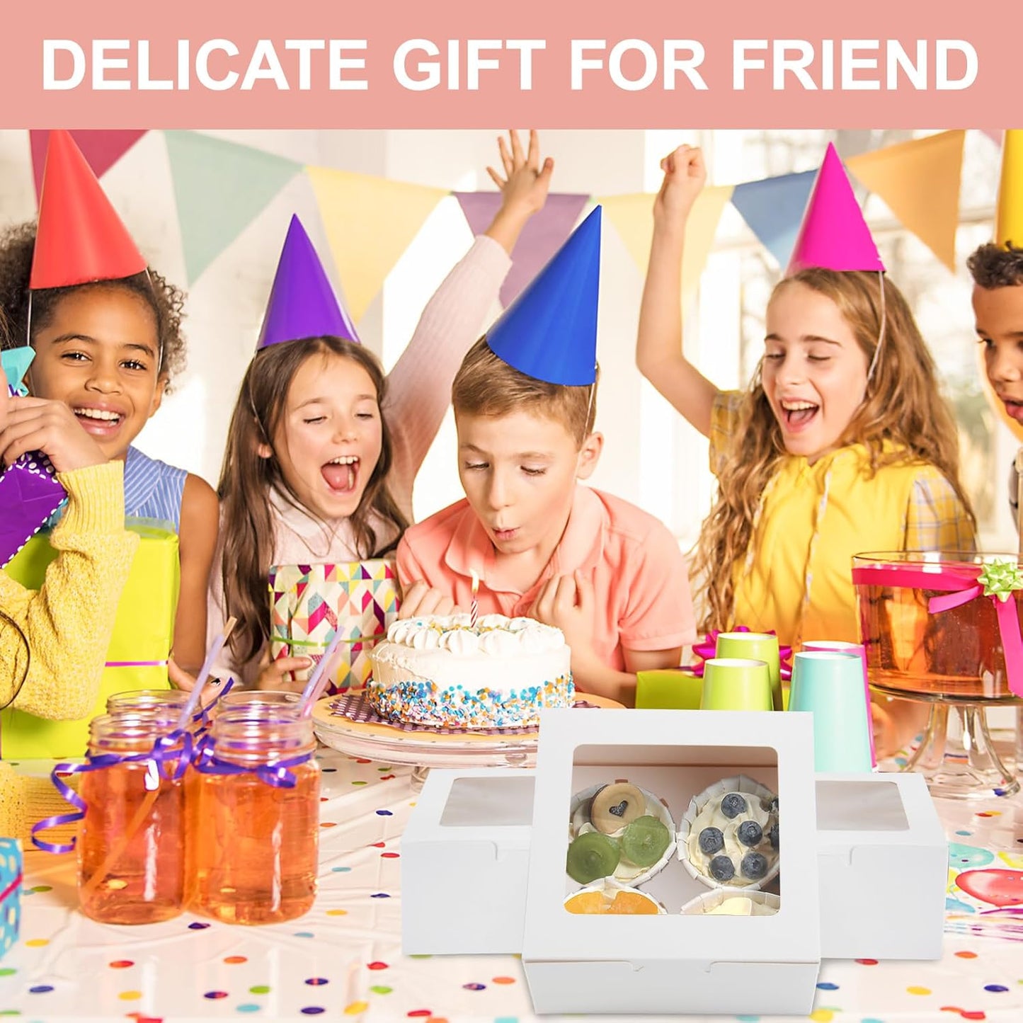 OAMCEG 50 PCS Cupcake Boxes with Window, 6x6x3 Inch Cookie Boxes, Bakery Treat Boxes for Pastry, Dessert, Chocolate Strawberries, Cupcake Containers, Gift Giving with Stickers & Twine （Brown）
