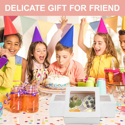 OAMCEG 50 PCS Cupcake Boxes with Window, 6x6x3 Inch Cookie Boxes, Bakery Treat Boxes for Pastry, Dessert, Chocolate Strawberries, Cupcake Containers, Gift Giving with Stickers & Twine （Brown）