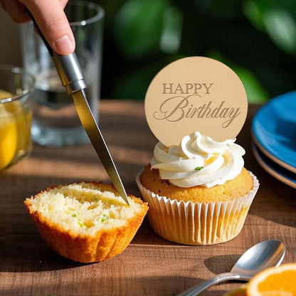 20pcs Gold Mirror Acrylic Happy Birthday Cupcake Toppers Round Engraved Cake Picks Happy Birthday Cake Toppers for DIY Birthday Gift Flower Bouquet Pastries Desserts Decor