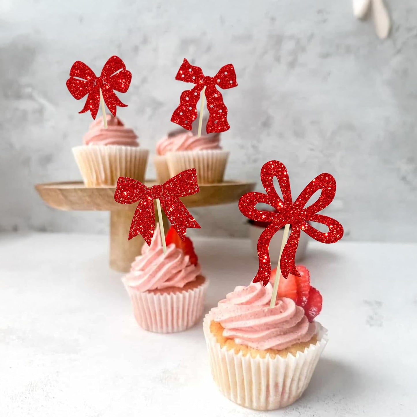 Ephlyn 24Pcs Pink Bow Cupcake Toppers Bow Birthday Cake Topper Girls Birthday Party Decorations Bowknot Cupcake Decorations for Bridal Wedding Themed Party Multi