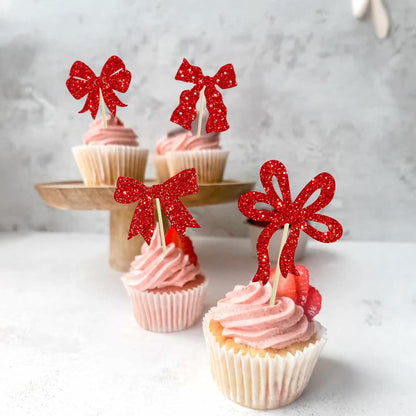Ephlyn 24Pcs Pink Bow Cupcake Toppers Bow Birthday Cake Topper Girls Birthday Party Decorations Bowknot Cupcake Decorations for Bridal Wedding Themed Party Multi