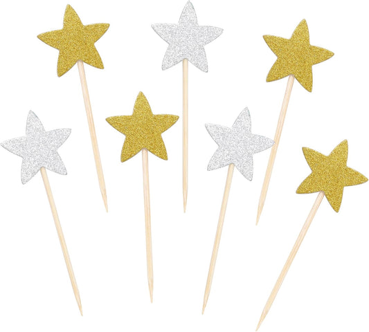 Pistha 50 Pcs Star Cupcake Toppers Glitter Twinkle Star Cupcake Picks for Wedding Baby Shower Birthday Party(Gold,Silver)
