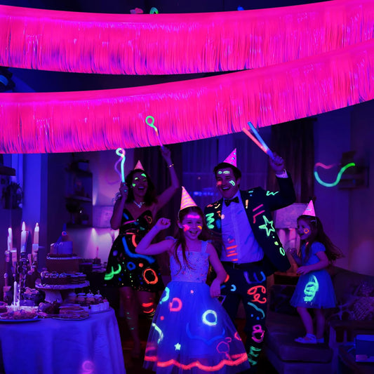 Mega-L Glow in The Dark Party Supplies, 4 Pack Foil Fringe Garland Birthday Party Decorations 9.8 ft Fluorescent Macaron Orange, Yellow and Fuchsia Metallic Tinsel Banner, Photo Booth Prop Table Skirt