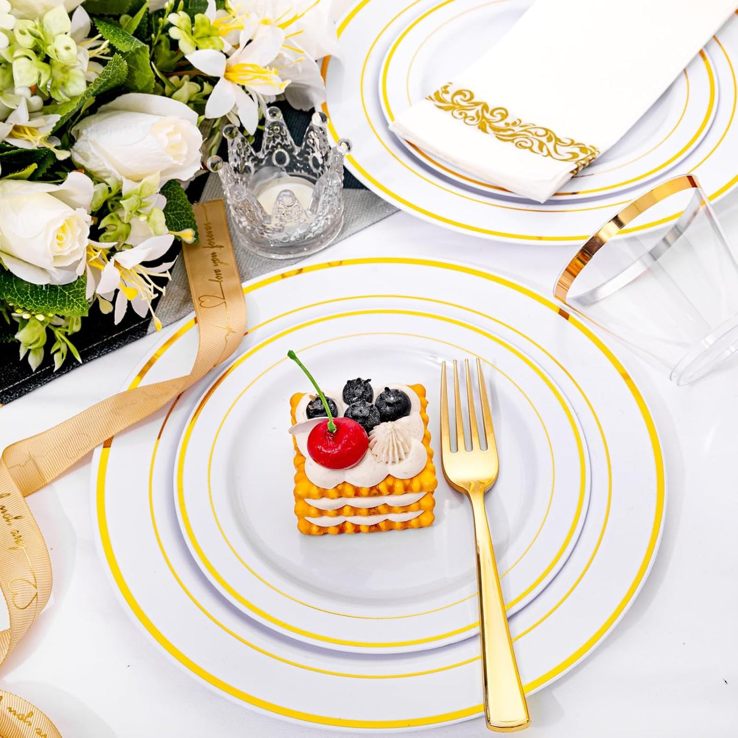 I00000 102 Pieces Gold Plastic Plates, Disposable Party Plates White Gold Rim, 51 Disposable Gold Dinner Plates 10.25 Inch and 51 Disposable Dessert Appetizer Elegant Fancy Wedding Plates 7.5 Inch