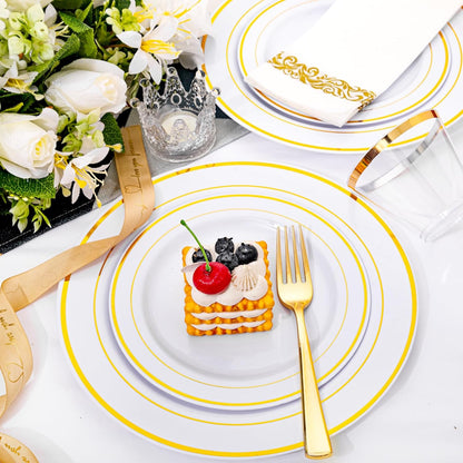 I00000 102 Pieces Gold Plastic Plates, Disposable Party Plates White Gold Rim, 51 Disposable Gold Dinner Plates 10.25 Inch and 51 Disposable Dessert Appetizer Elegant Fancy Wedding Plates 7.5 Inch