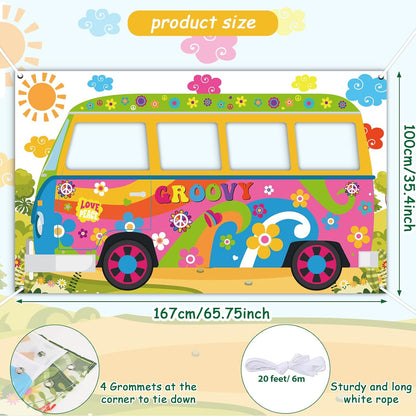 Hippie Bus Photo Prop Groovy Birthday Party Decorations Large Fabric Groovy Van Prop Hippie Selfie Frame Backdrop Background Banner Birthday Supplies Retro Daisy 60s 70s Party Favors 65.8 x 35.4 Inch