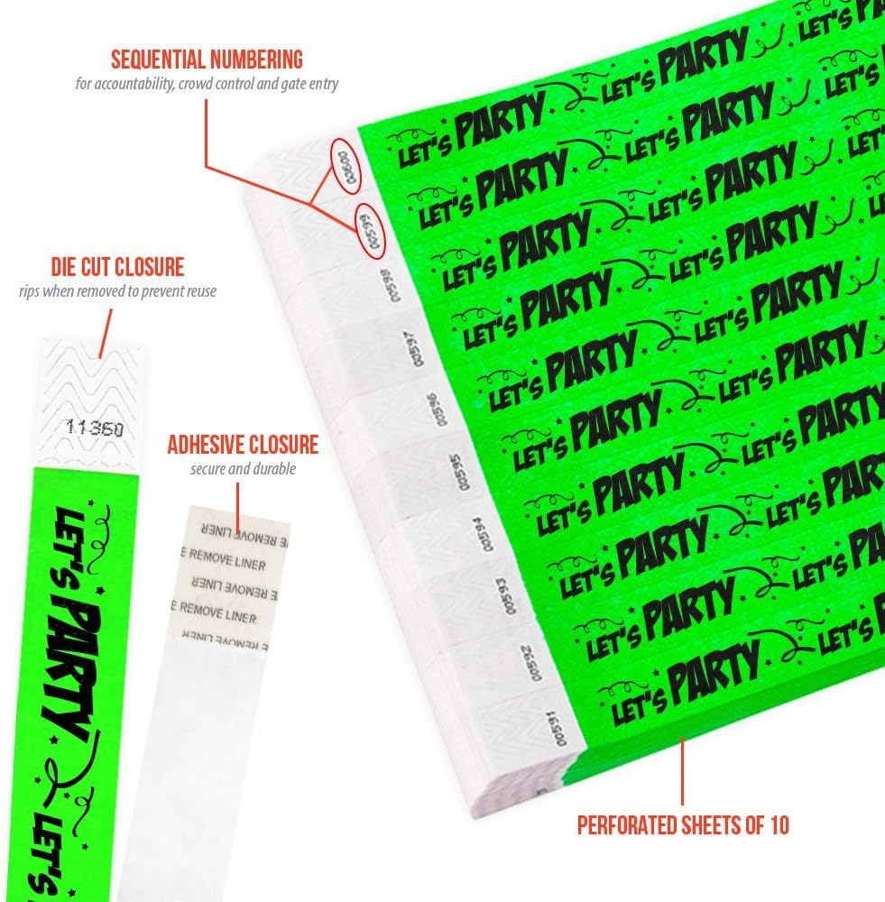 WristCo Let's Party Tyvek Wristbands for Events - 500 Count - Comfortable Tear Resistant Paper Bracelets ID Wrist Bands for Concerts Festivals Admission Party Identification Tours