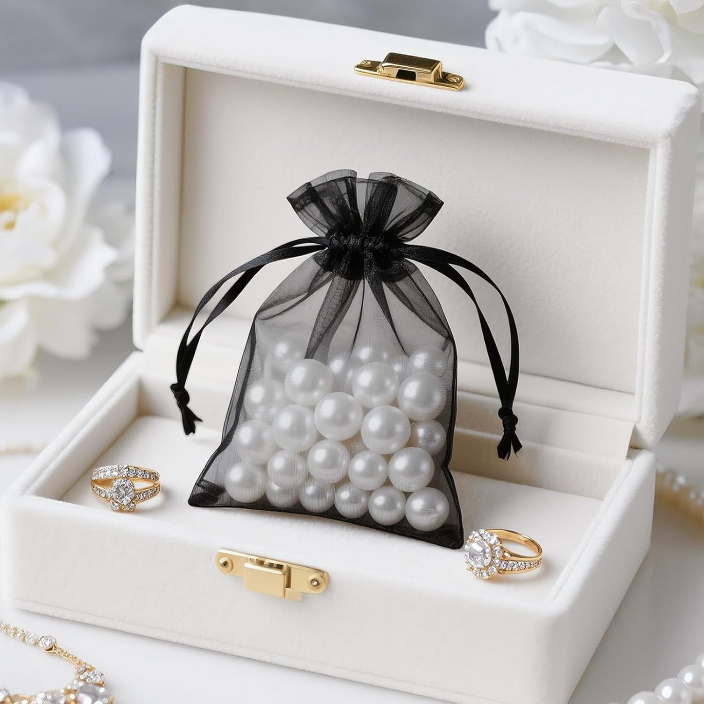joycraft 50Pcs Organza Bags, 2x3 inch Gift Favor Bags, White Wedding Favor Bags, Jewelry Pouches with Drawstring, Mesh Bags Drawstring for Jewelry, Festival, Makeup, Candy, Desserts