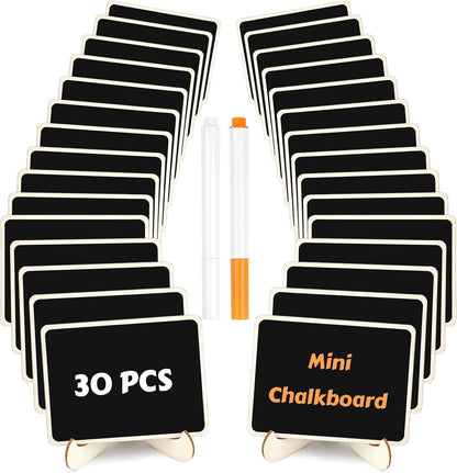 30 Pack Mini Chalkboard Signs, Food Labels for Party Buffet, Small Wooden Chalk Board Signs with Easel Stand & Markers, Reusable, Zero Residue Place Cards for Table Setting or Numbers, Outdoor Indoor