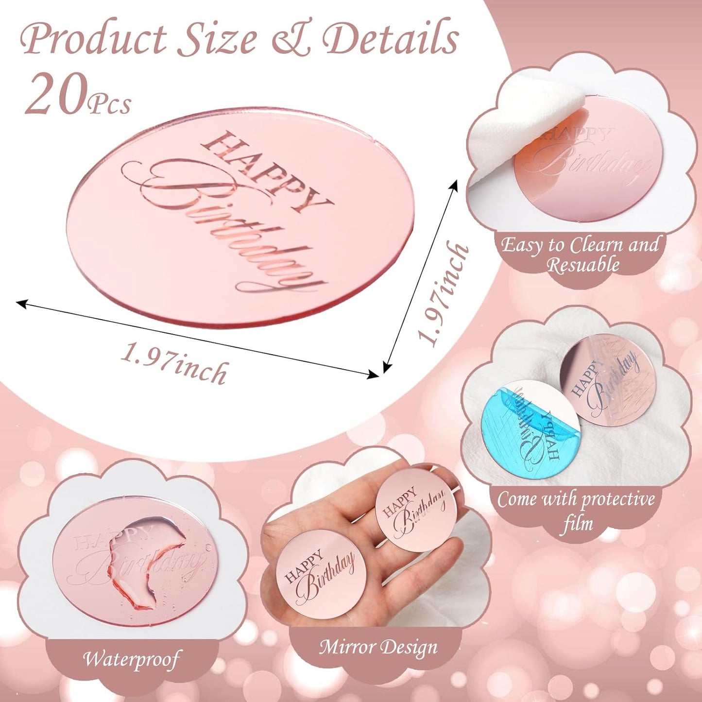 20pcs Gold Mirror Acrylic Happy Birthday Cupcake Toppers Round Engraved Cake Picks Happy Birthday Cake Toppers for DIY Birthday Gift Flower Bouquet Pastries Desserts Decor