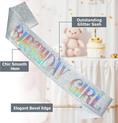 RUDONG M Birthday Girl Sash Glitter - Silver Birthday Sash for Women & Girls | Sweet 16/18th/21st/30th/40th/50th/60th/70th, All-Age Celebration Party Decor