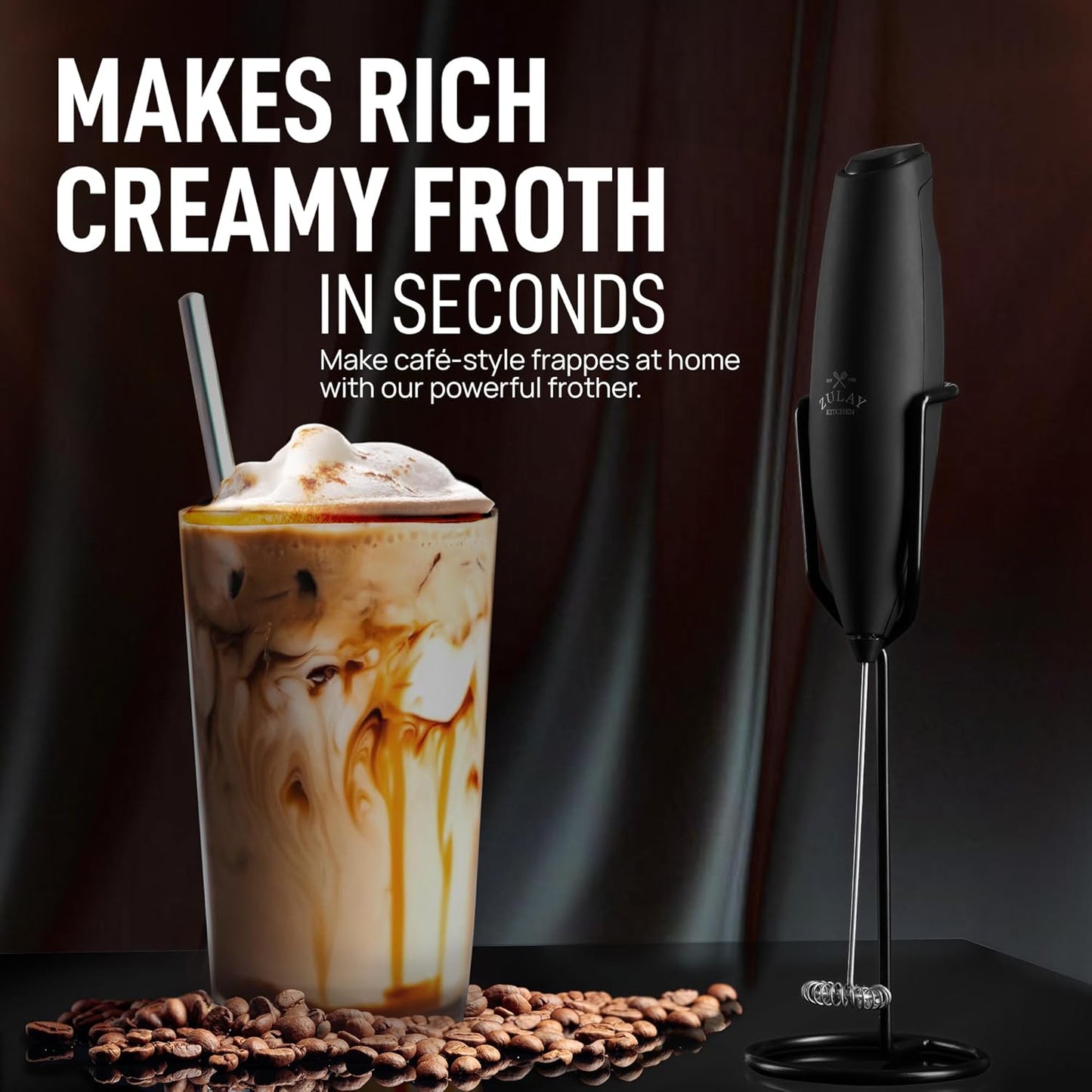 Zulay Kitchen Powerful Milk Frother Wand With Duracell Batteries - Ultra Fast Handheld Drink Mixer - Electric Whisk Foam Maker for Coffee, Lattes, Cappuccino & Matcha - Z1 Motor - Black - Colors A