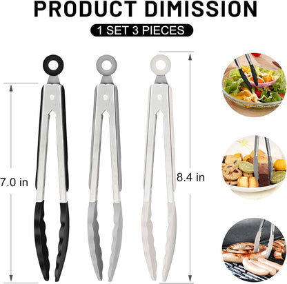 Hotec Mini Silicone Kitchen Tongs for Cooking - 7-Inch Small Serving Tongs with Silicone Tips, Set of 3 (Blue)
